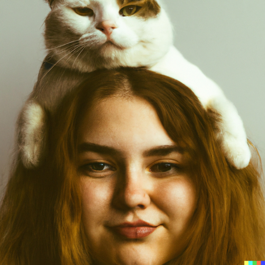 a woman with a cat on her head – DALL-E